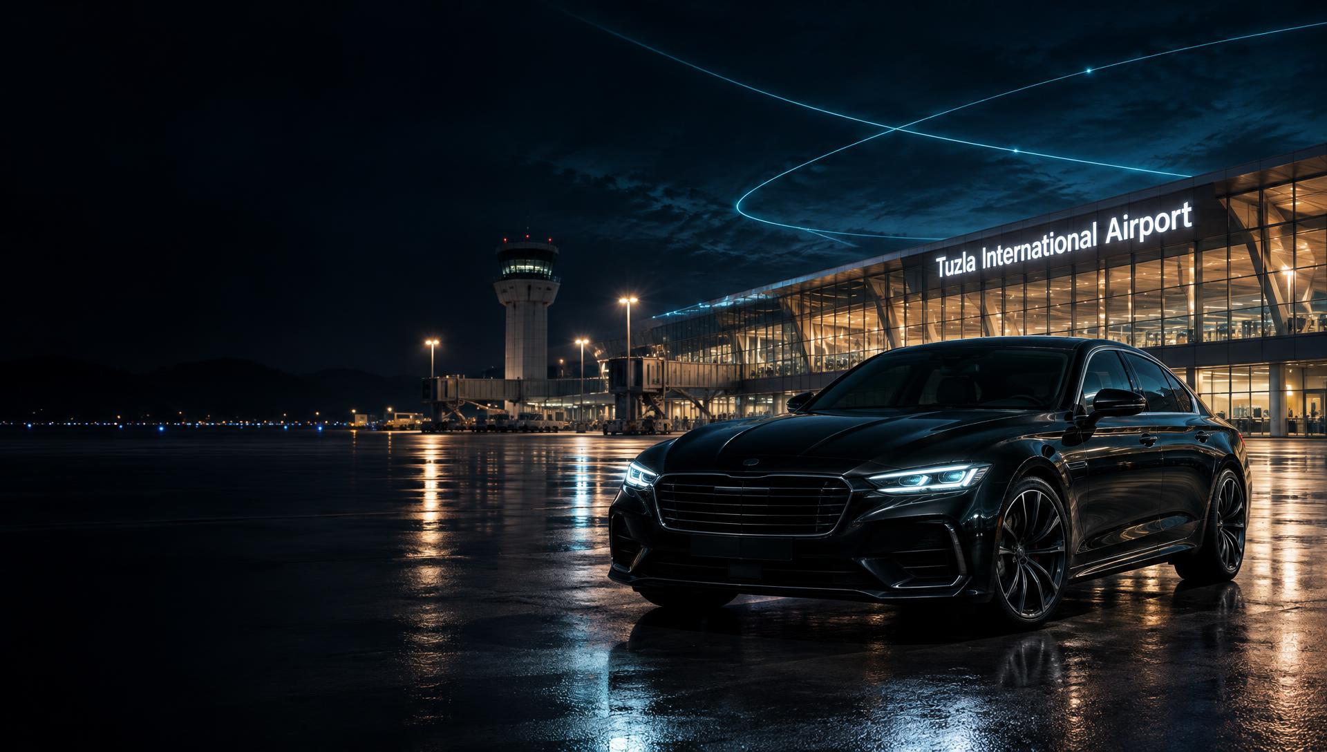 Tuzla International Airport at night with a premium vehicle